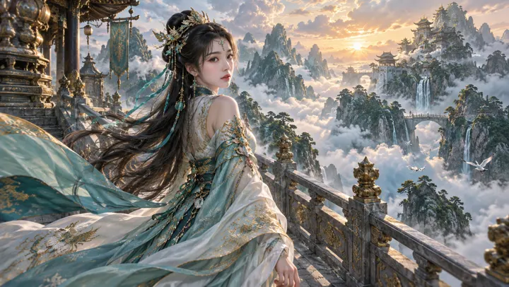 仙侠幻想风格示意:云海楼阁中的古装人物